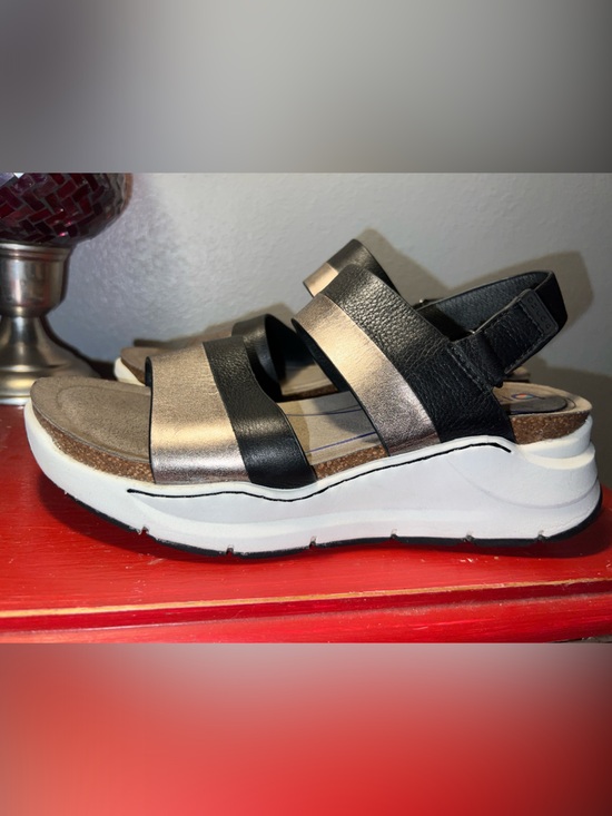 Bionica Shoes - Bionica Black and Metallic Bronze Two-Strap Slingback Sandals